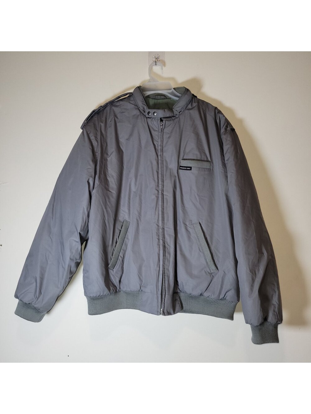 Members Only Men's Iconic Racer Jacket L Long Grey Full Zip Bomber Coat Vintage